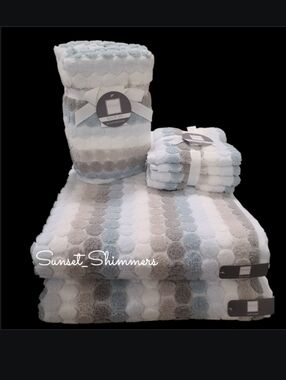 8pc Soho Living Bath Hand Washcloth Towel Set Striped Dot Blue Gray White New